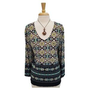 Brittany Black Womens 2X Geometric Print Long Sleeve Boho Top Plus Size Blouse